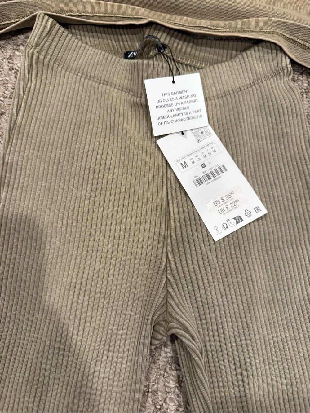 Zara Olive Ribbed Flare Pants & Boxy Cropped Top (2 Piece Set) NWT - Picture 2 of 3